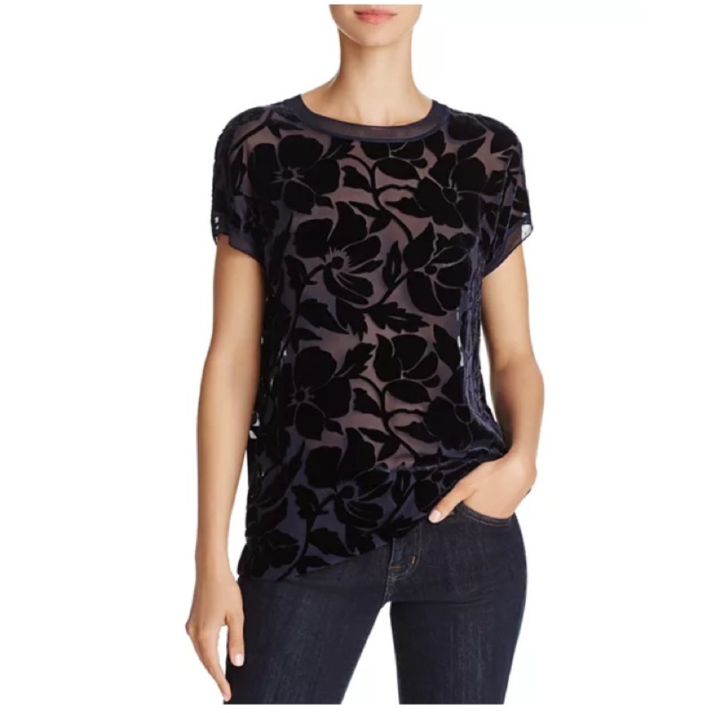 Theory Burnout Velvet Tee Short Sleeve Sheer Floral Blouse Top Size Small